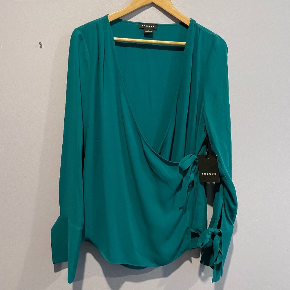 Trouve Teal Wrap Blouse, Teal Size L